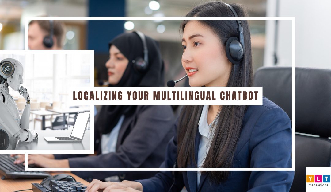 customer support representatives from all over the world, with a robot representing artificial intelligence thoughtfully looking at a laptop screen, representing multilingual chatbots