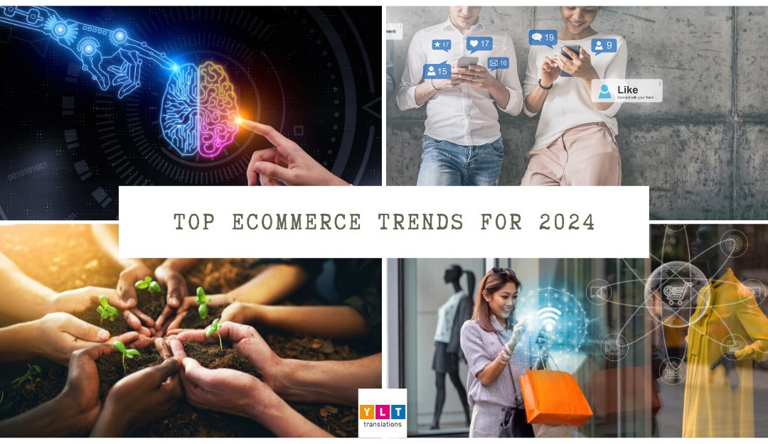 grid showing the top ecommerce trends for 2024: AI, sustainability, social shopping, and the blend of physical and digital shopping