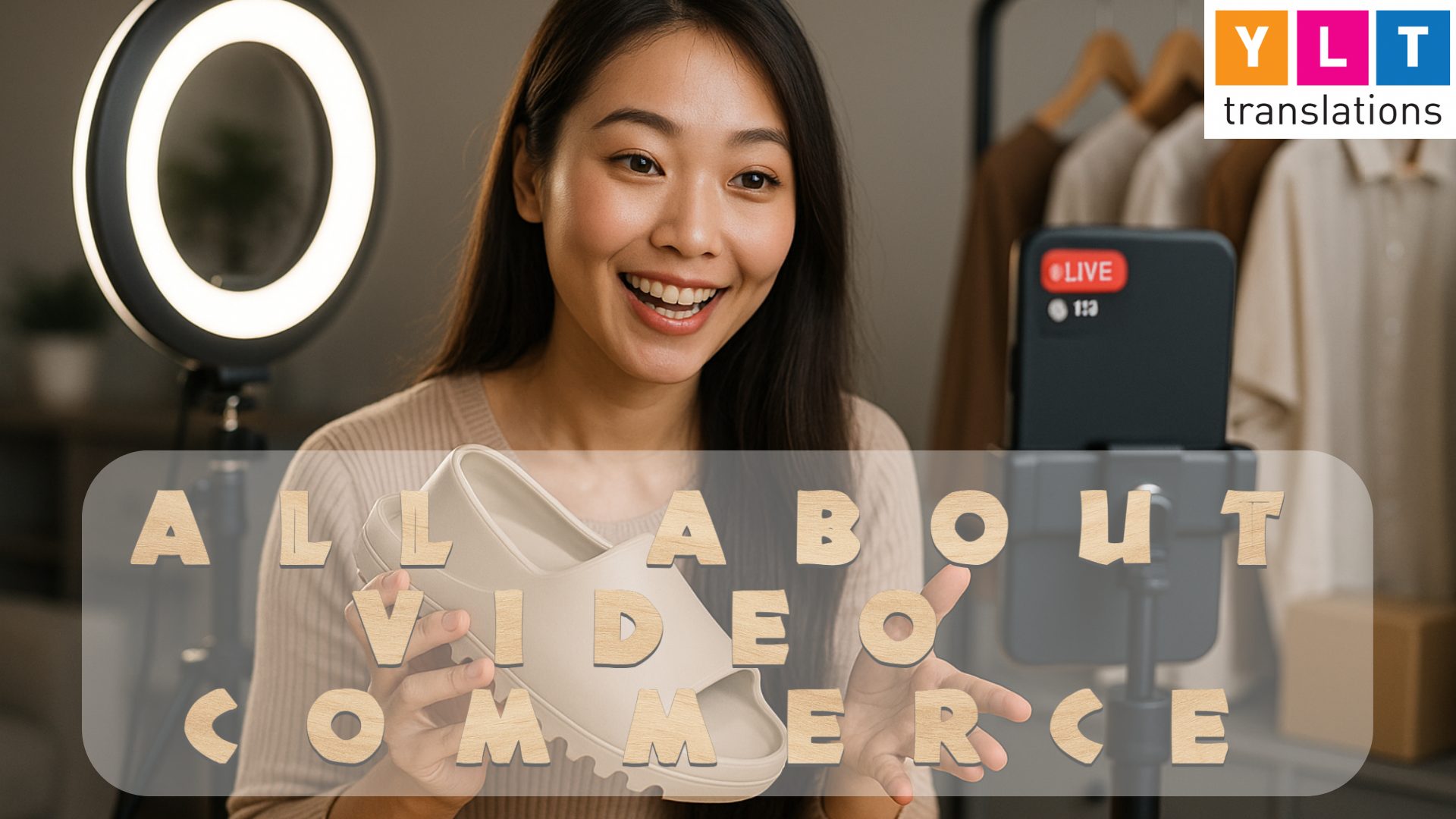 graphic with copy all about video commerce featuring girl doing live streaming