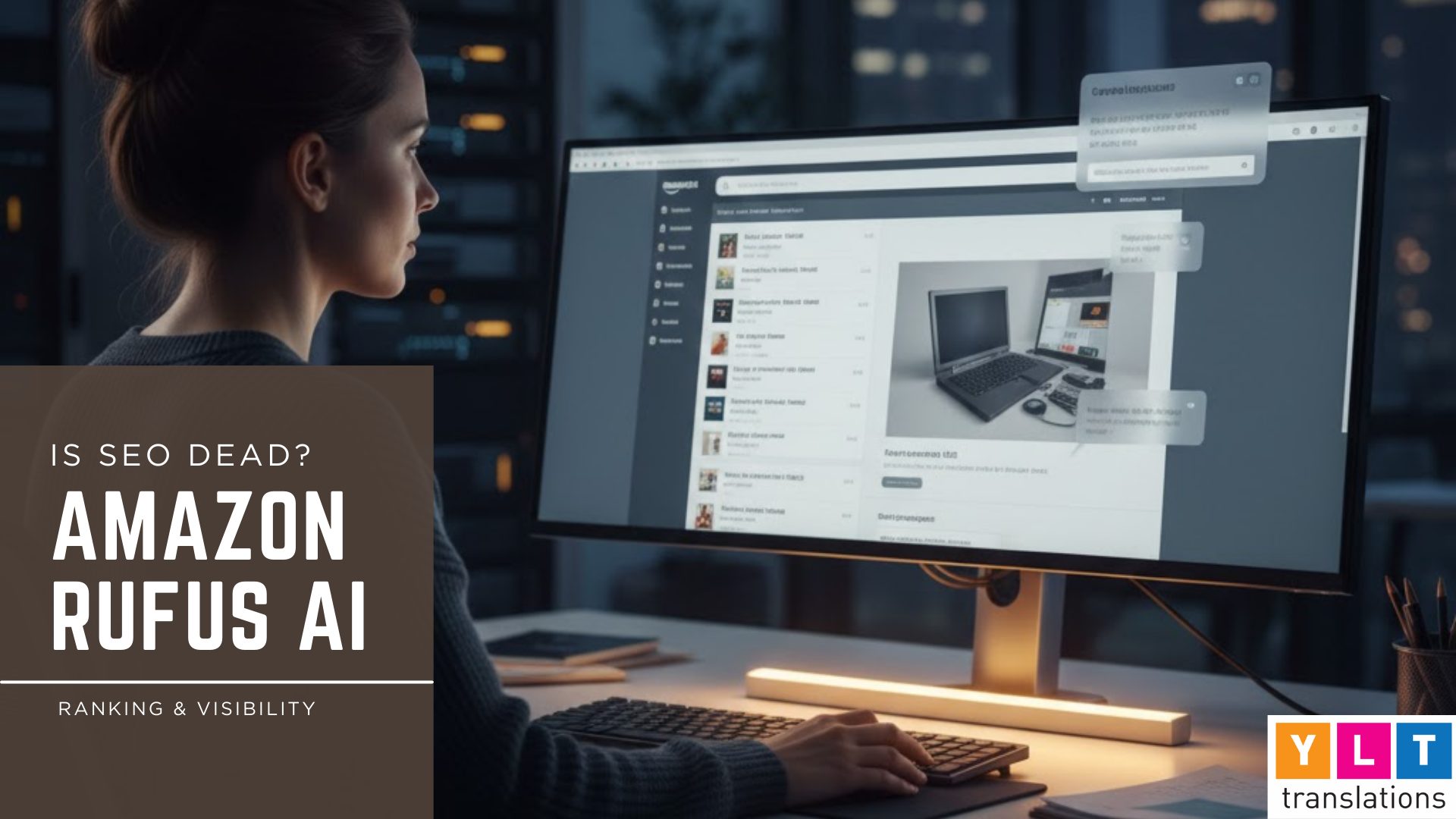 amazon rufus AI vs. SEO, with regards to visibility and discoverability of products online. girl at her laptop in a dimly lit room looking at a product detail page.